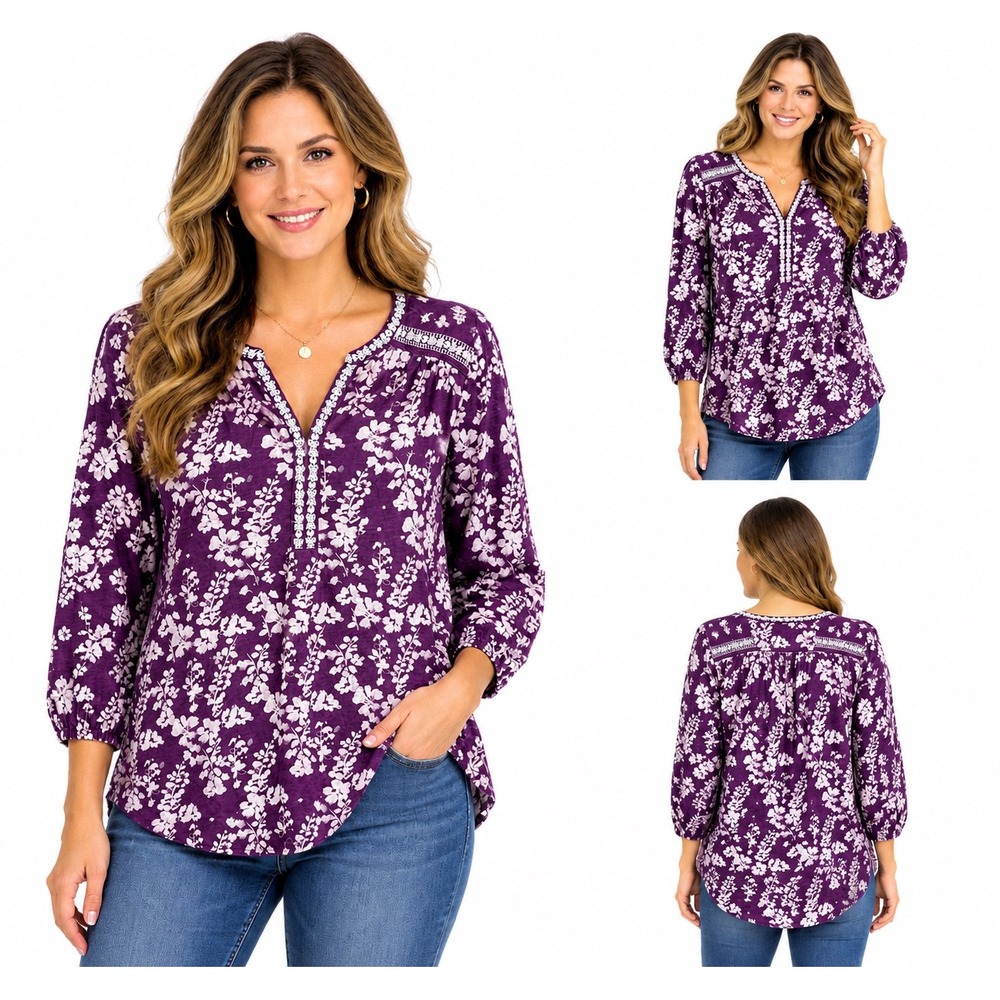 Lucky Brand 1X Purple Floral Boho Embroidered V-Neck Peasant Top Plus Size